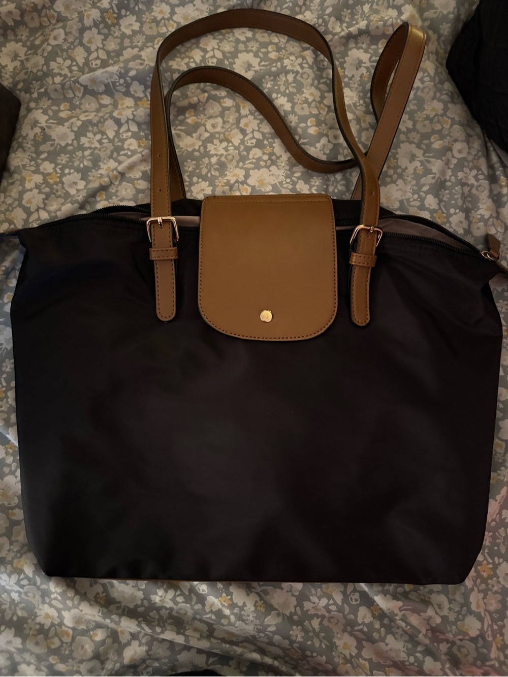 Women's Black Tote Bag with Tan Trim